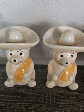 Vintage Cream Ceramic Bear Candle Holders with Orange Sashes